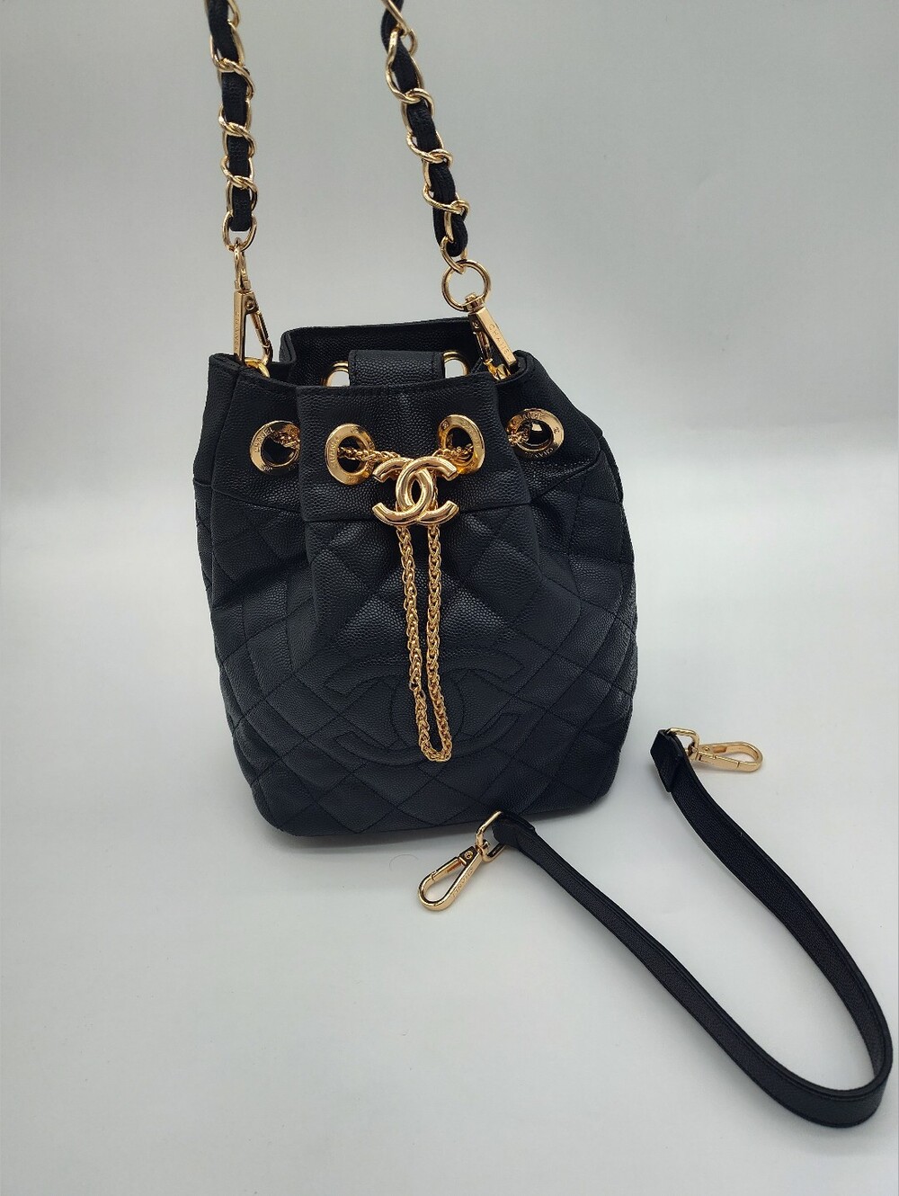 CHANEL Beauté Black Quilted Bucket Bag Gold CC Chain 2 Straps NIP